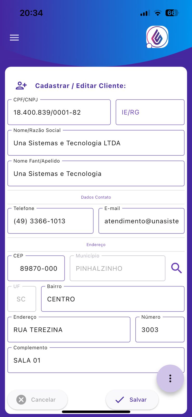 Cadastro Clientes App Una ERP Cadastro Clientes App Una ERP